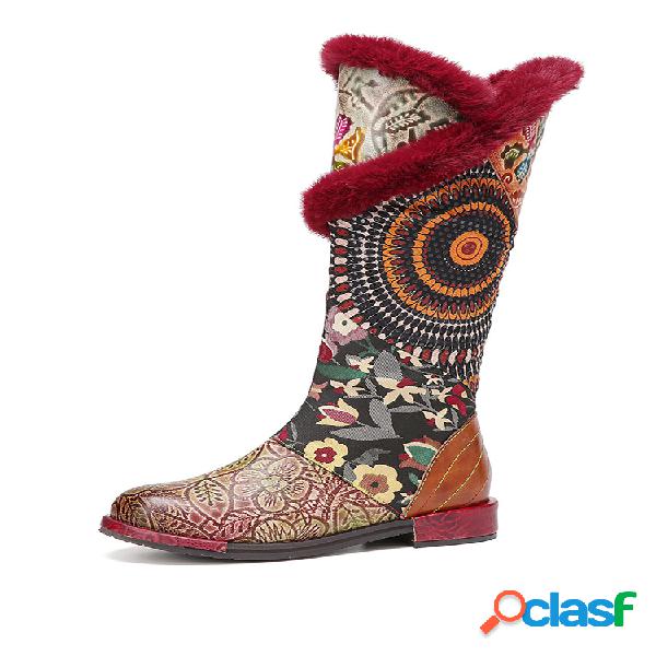 SOCOFY Bordado floral de felpa bohemia Piel Genuina Media