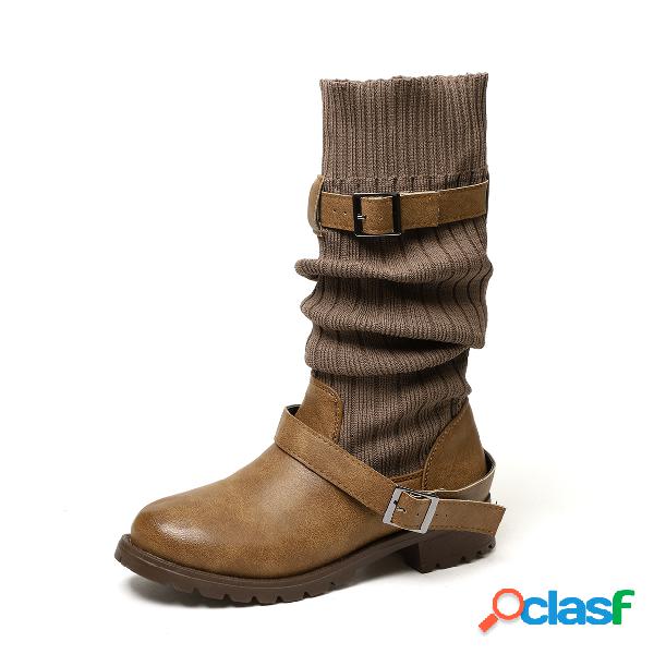 Botas de punto con hebilla marrón a media pierna