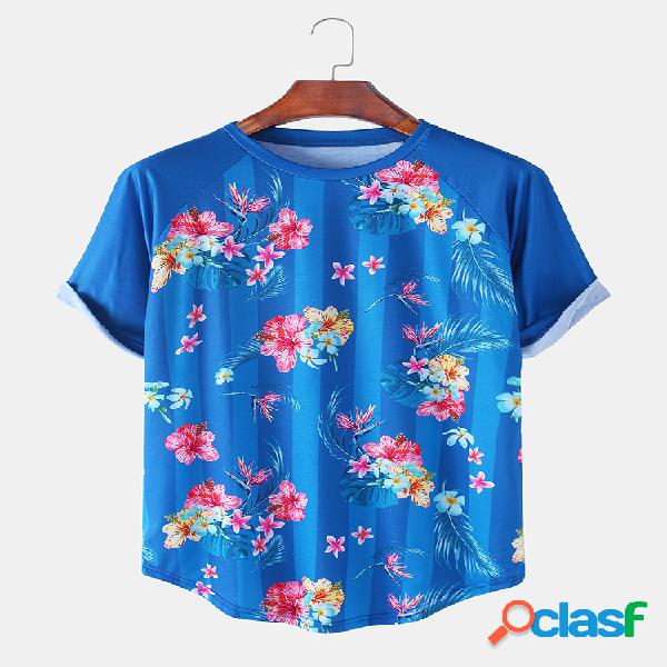 Camisetas con estampado de rayas florales para hombre,