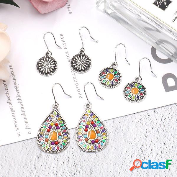 Flor de sol de Bohemia Pendientes Gotas de agua de 3 pares