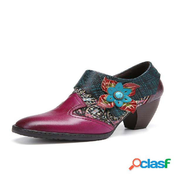 SOCOFY Cómodo empalme de flores Piel Genuina Zapatos de