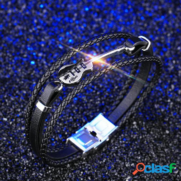 vendimia Pulsera de cuero tejido multicapa Guitarra
