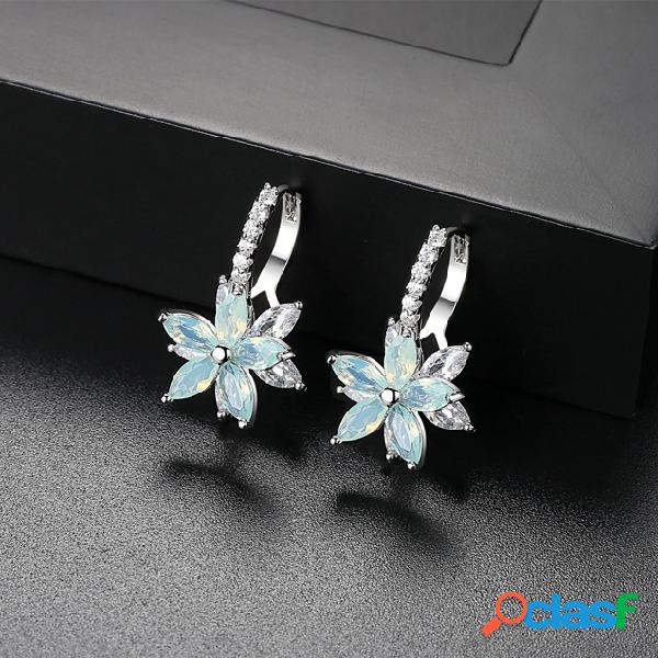 Fashion Flower Zirconia Silver Mujer Pendientes Piercing