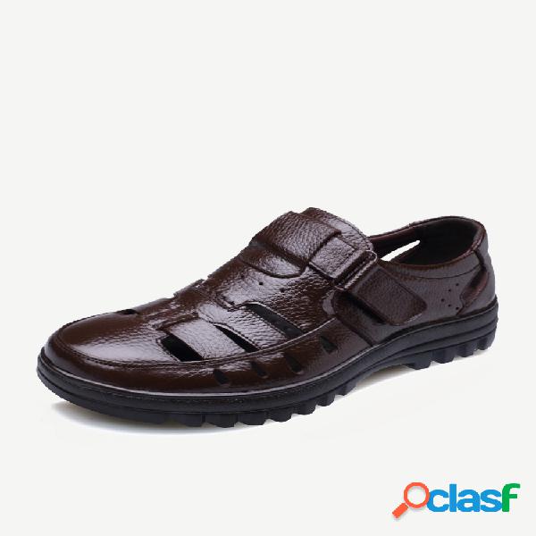 Hombres Piel Genuina Hollow Out Gancho Loop Casual Sandalias