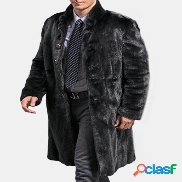 Hombres Trench largo Marten Terciopelo Abrigo Negro Faux Fur