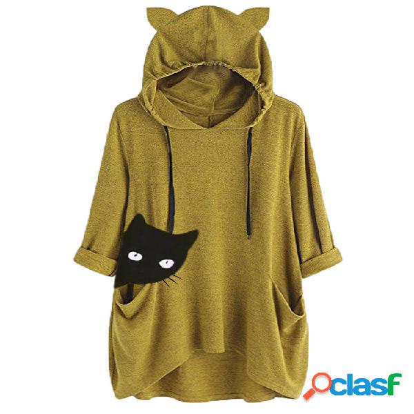 Mujer Gato Informal de manga larga estampada Capucha