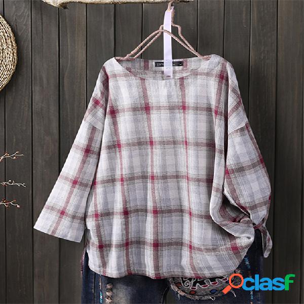 Plaid Split O-neck 3/4 Sleeve Plus Blusa Talla