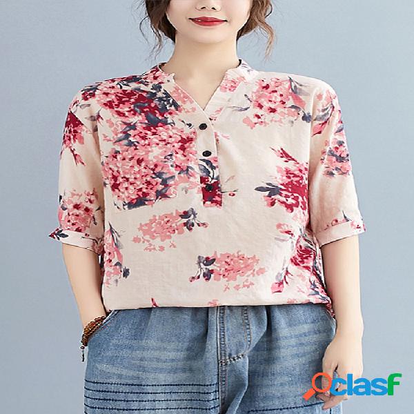 Blusa Estampada Floral Media Manga Escote en V Plus
