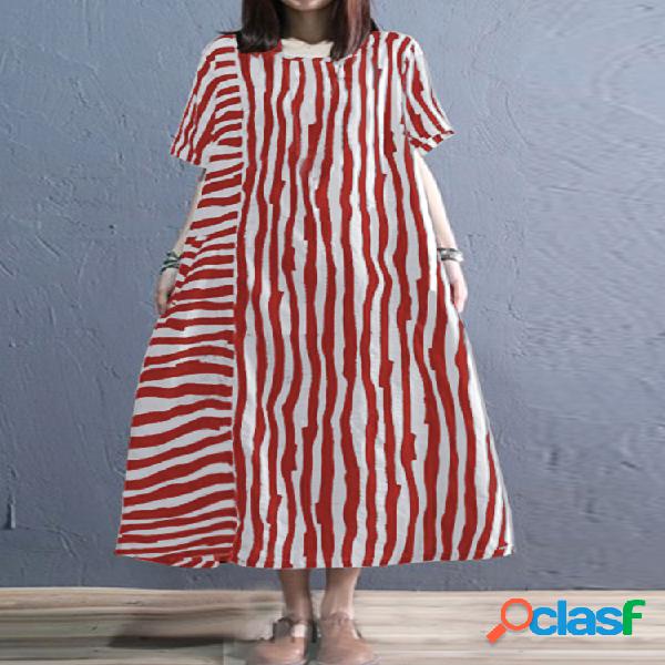 Manga corta patchwork a rayas Plus Talla Vestido