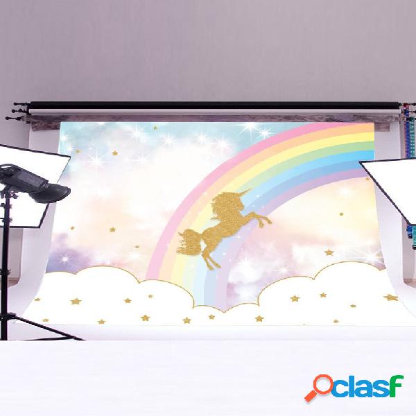 7x5FT Rainbow Sky Gold Unicorn Stars Baby Fondo de foto