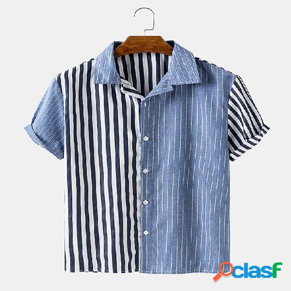Hombre Algodón Rayas Patchwork Playa Casual Solapa Camisa