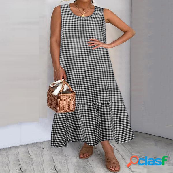Midi casual sin mangas con cuello en o a cuadros Vestido