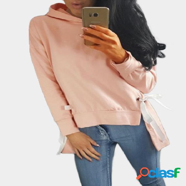 Pink Plain con capucha con cordones irregular dobladillo