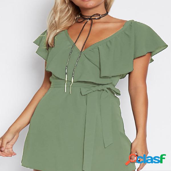 Verde V-cuello Flounced diseño auto-empate vestido de
