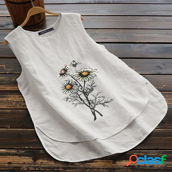 Bordado Girasoles O-cuello Asimétrico Plus Tamaño Tank Top