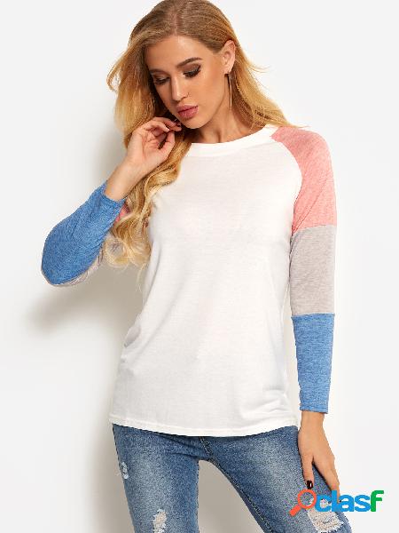 Pink Stripe Patchwork Design Camiseta con cuello redondo y