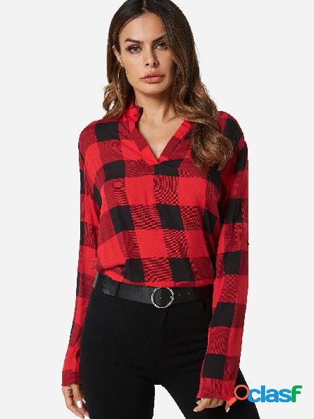 Red Grid Cuello clásico Manga larga Casual Blusas