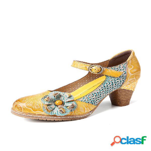 SOCOFY Zapatos de salón de tacón grueso con hebilla de