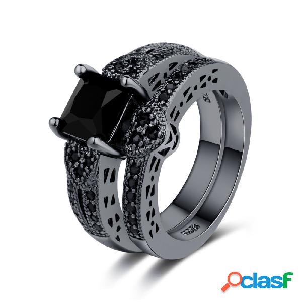 2 Unids / set Anillo de Boda de Compromiso de Zirconia Negro