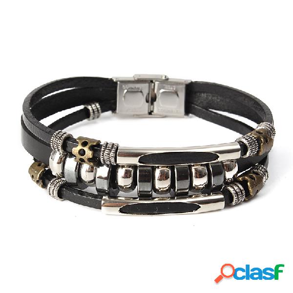 Pulsera unisexa sana de cuero con cuentas de estilo de punk