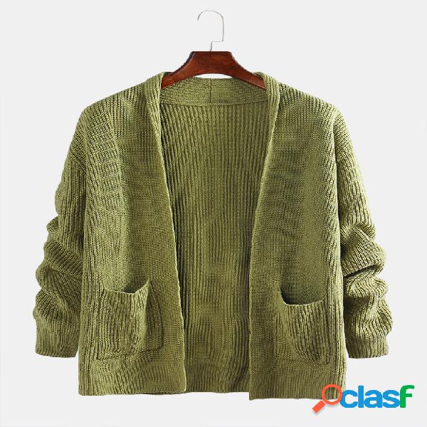 Cárdigan casual con cuello chal de bolsillo grande para