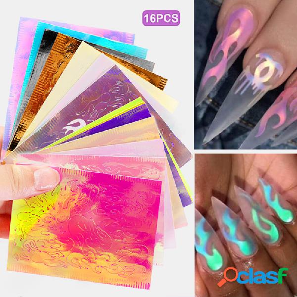 16 piezas / kit hojas de llamas holográficas Uña pegatinas