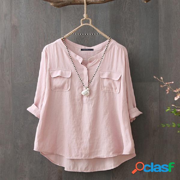 Casual de color sólido de manga larga Plus Talla Algodón
