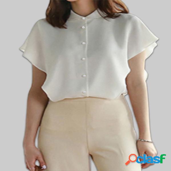 Chiffon Pearl Button Ruffle Sleeve Plus Tamaño Elegante