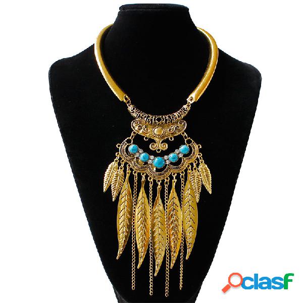 Collar Llamativo Vintage Turquesa Hojas Cadenas Borlas