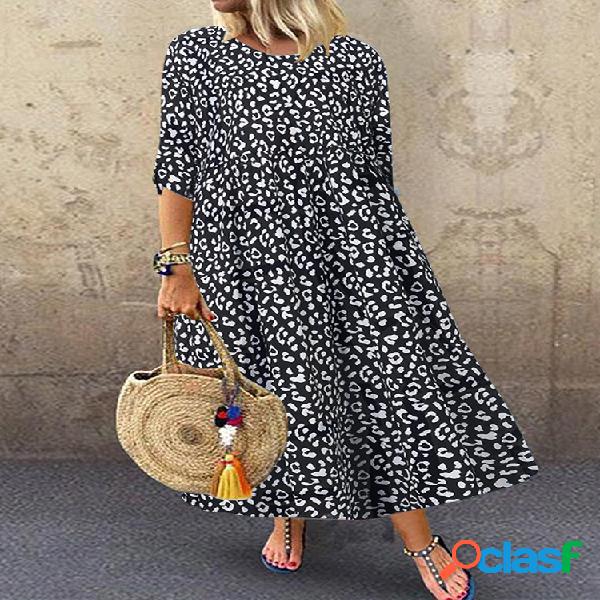 Estampado de leopardo Manga 3/4 Cintura imperio Plus Talla