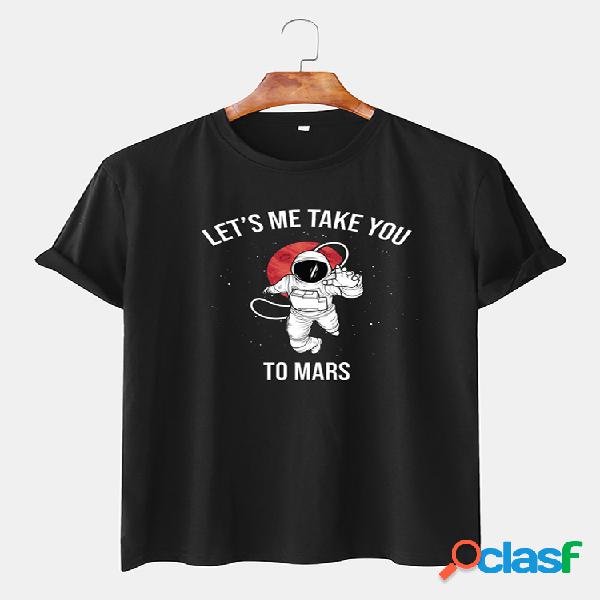 Hombre Algodón Astronauta Lema Estampado Redondo Cuello