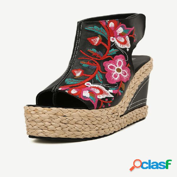 Sandalias estilo nacional florales bordadas con plataforma