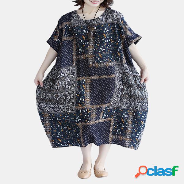 vendimia Estampado Patchwork Manga corta suelta Plus Talla