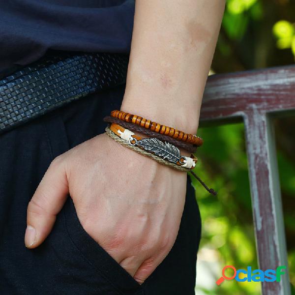 vendimia Hoja Colgante Pulsera de cuero Cuentas de madera