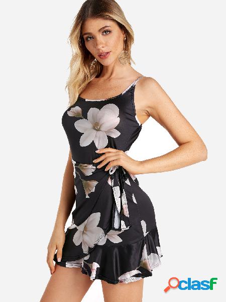 Mini vestido de estampado floral aleatorio con diseño de