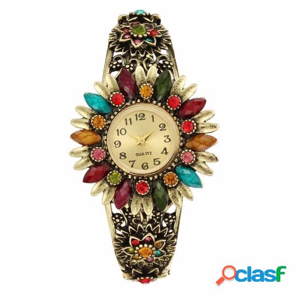 Relojes Cloisonne Luxury Vintage Flower Rhinestone Turquesa