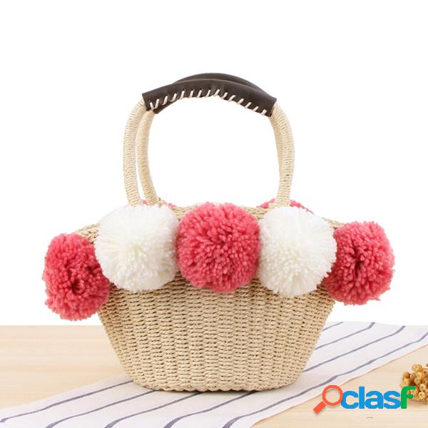 Mujer Travel Woven Playa Bolsa Bolso de paja de bola de