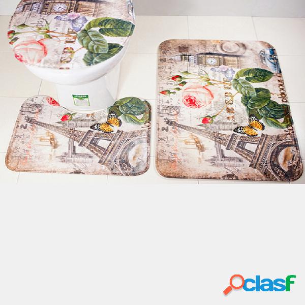 3pcs Floral Patrón Alfombra de baño anti-silp Franela