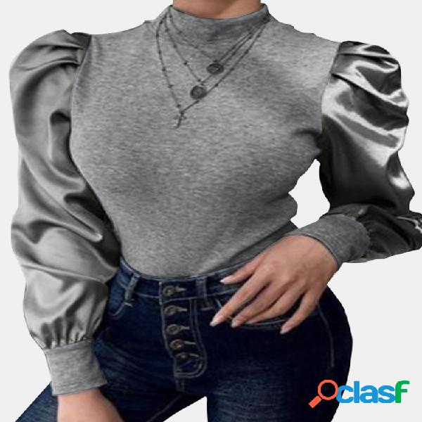 Blusa de manga larga con cuello alto y parche de color liso