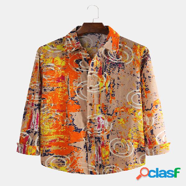 Hombres Algodón Lino Étnico Floral Impreso Casual Delgado