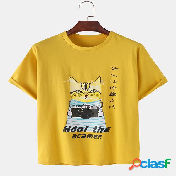 Mens Funny Cartoon Gato Print Loose Light Casual O-Neck