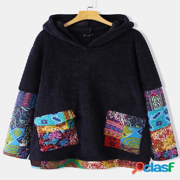 vendimia Patchwork con estampado étnico Plus Talla Capucha
