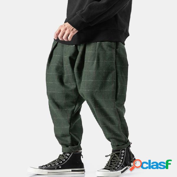 Estilo chino para hombre Moda Plaid Plaid Loose Casual Harem