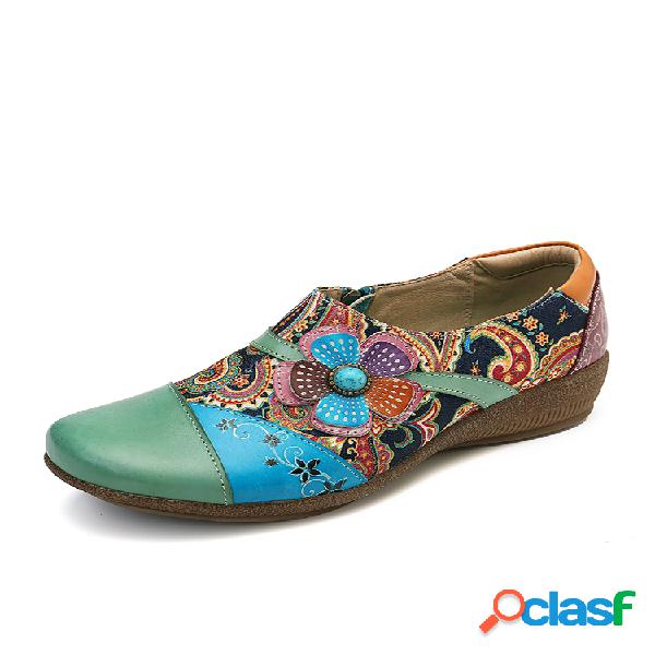 SOCOFY Folkways Floral Patrón Piel Genuina Zapatos planos