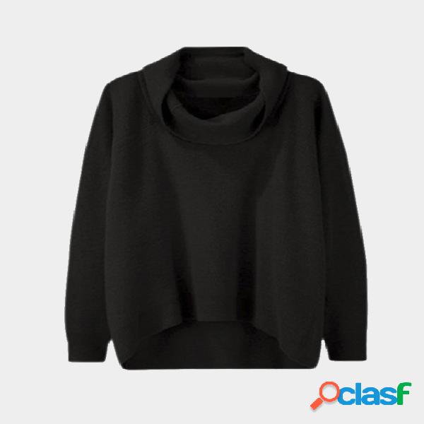 Suéter dobladillo curvo de cuello alto de punto negro