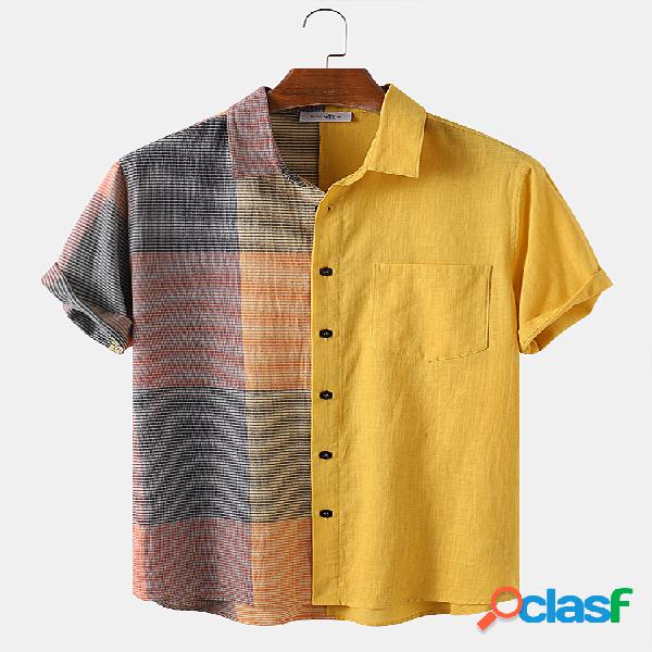 Hombres 100% algodón Plaid Patchwork Casual Designer Camisa