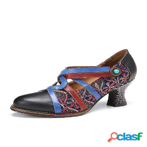 SOCOFY Retro Bordado Empalme Punta redonda Cuero Colorblock