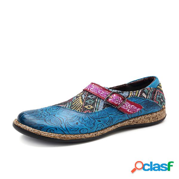 SOCOFY Retro Buckle Strap Piel Genuina Empalme Jacquard