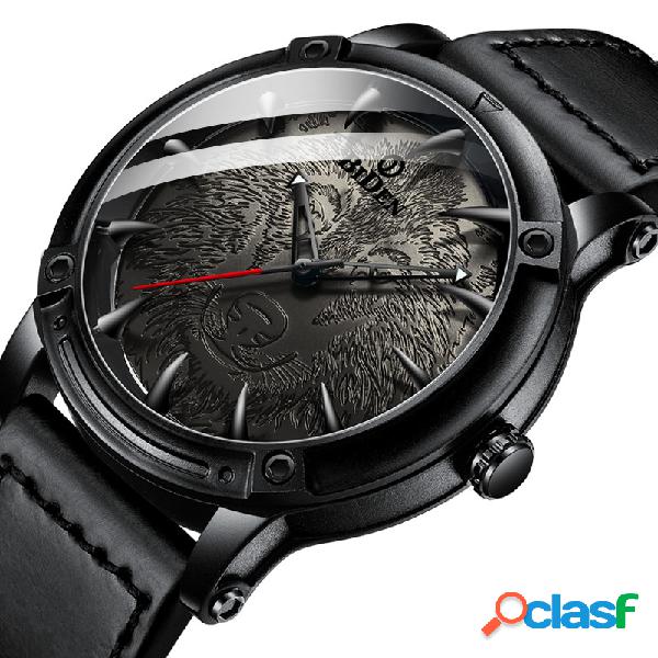 Wolf Dial Pantalla Moda Hombre Reloj analógico de cuero