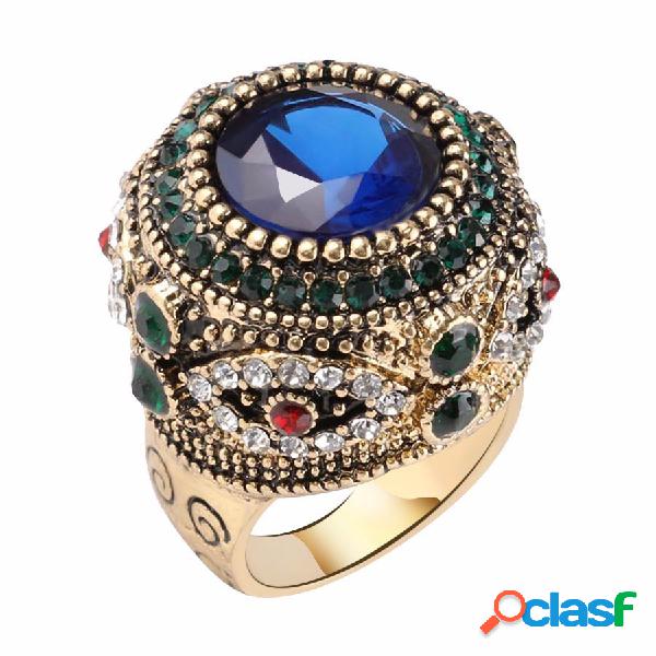 Bohemia Anillos de dedo azul Rhinestone chapado en oro ronda